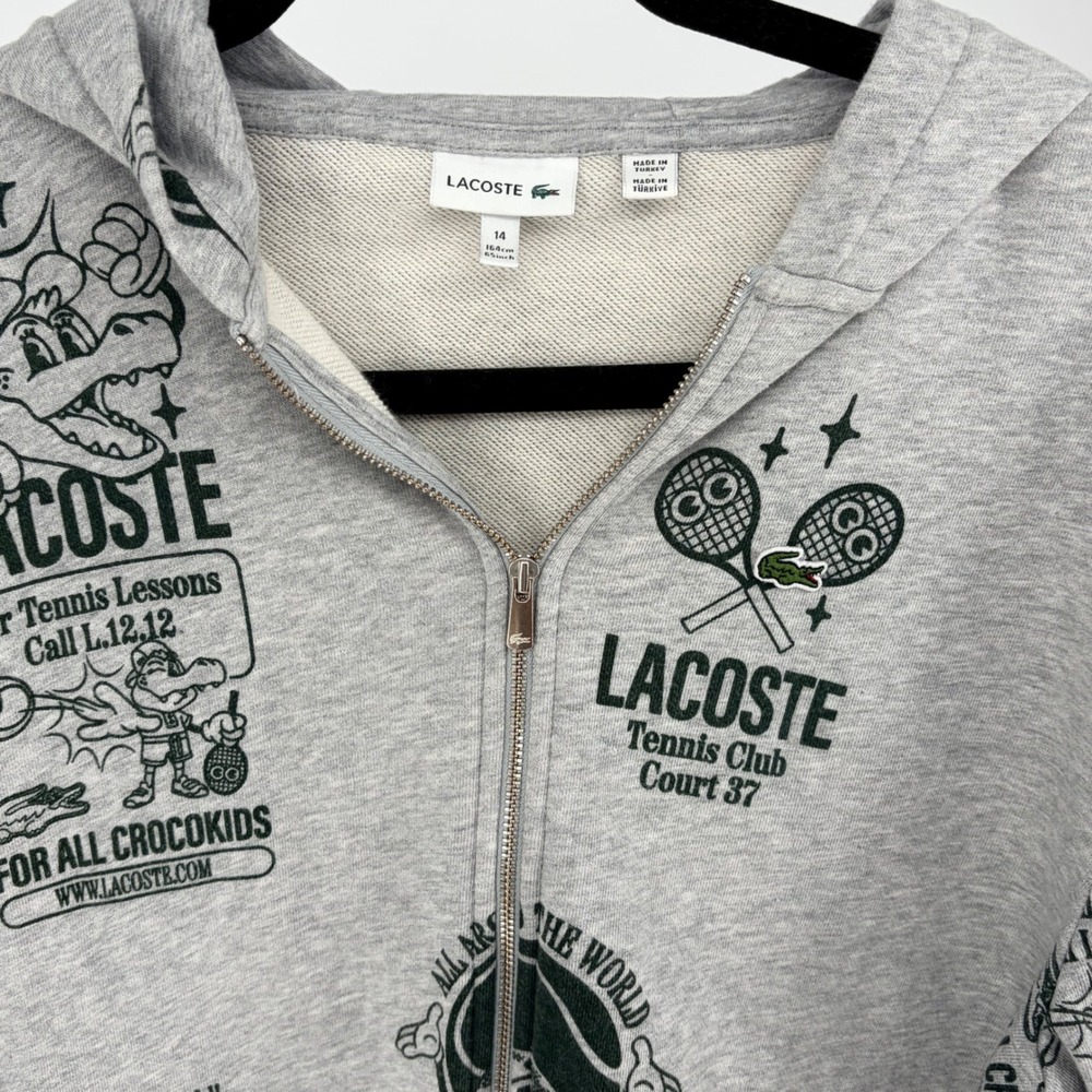 Lacoste Full Zip Hoodie 14 Gray Tennis Club Court 37 AOP CrocoKids Graphic